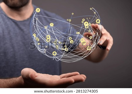 Man holding a digital network sphere, global connection concept