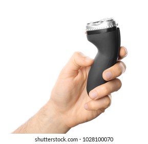 Man holding electric shaver on white background