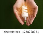 Man holding energy saving bulb for lamp on green background, top view