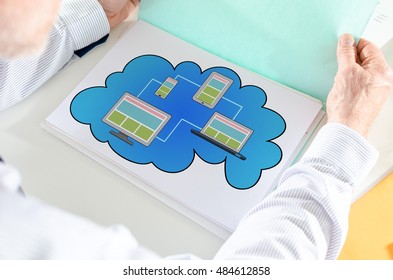 Man holding a file with cloud computing concept