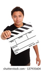 Man Holding A Film Slate, Wearing A Black T-shirt. White Background.