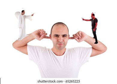 man holding fingers in his ears, not listening, discussion between the devil and angel, on white