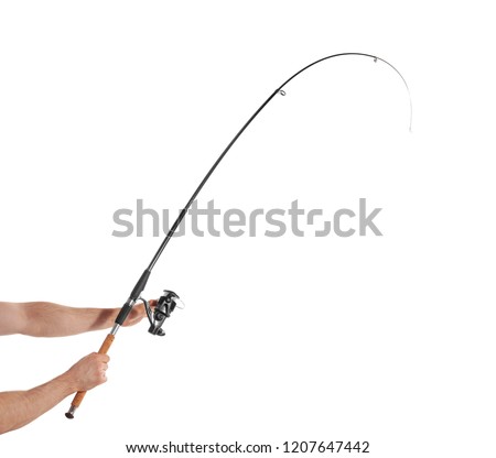 Man holding fishing rod on white background, closeup