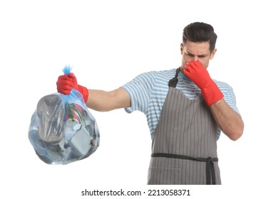 Man Holding Full Garbage Bag On White Background