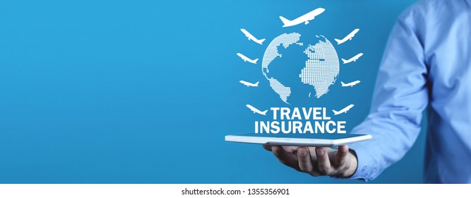 Man holding globe with airplanes. Travel insurance