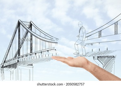 Man Holding Hand To Help Drawn Businessman Cross Unfinished Bridge, Illustration. Support And Cooperation Concept