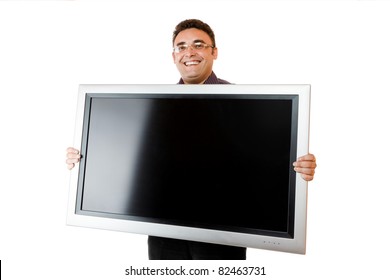 Man Holding In Hands Lcd Tv Isolated Over White Background