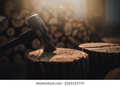 Man holding heavy ax. Axe in lumberjack hands chopping or cutting wood trunks .
