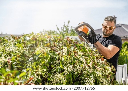 Man holding hedge trimmer in his hands. Bush pruning work. Gardening and cutting activities. Professional gardener holding with cordless electric hedge trimmer.