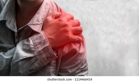 Man Holding His Painful Shoulder, Healthcare And Ache In Human Body