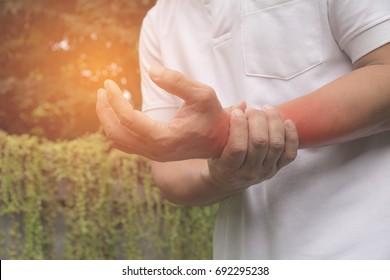 Man Holding His Wrist. Pain In A Man Wrist. Man Massaging Painful Wrist. Pain Concept.