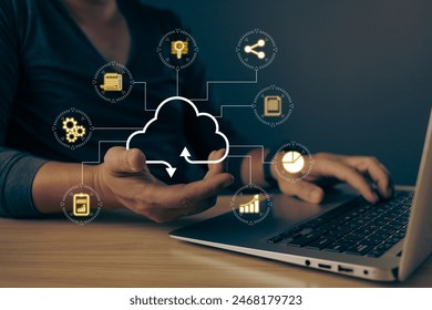 man holding icon cloud computing diagram show on hand. data storage.cloud technology.secure backup and consistency networking and internet service concept.implementing storage technology in business