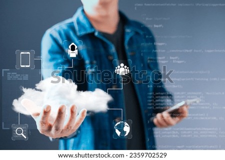 man holding icon cloud computing diagram show on hand. Data storage.Cloud technology.Secure backup and consistency Networking and internet service concept.Implementing storage technology in business