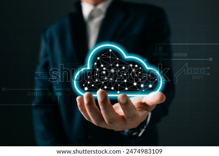 man holding icon cloud computing diagram show on hand. data center storage.cloud tech.secure backup and consistency network and internet service concept.implementing storage technology in business