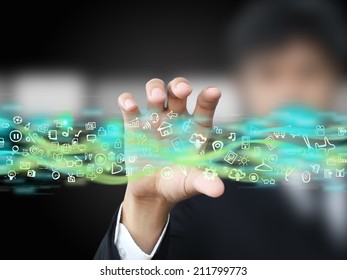 Man holding icons