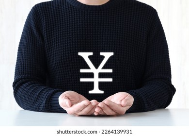 Man holding Japanese yen mark - Shutterstock ID 2264139931