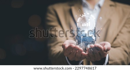 Man holding a jar of money coins and showing money growth concept ,financial concept and saving money , investment savings ,Planning savings for the future ,retirement fund ,future risk management