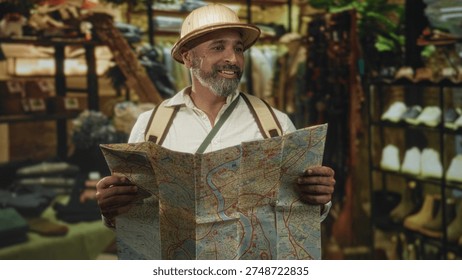 Man holding a large folded map and looking up in a building clothing shop, wearing pith helmet and backpack straps; curiosity travel exploration.