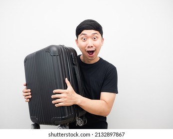 Man Holding Luggage Feeling Excited And Happy Portrait White Background