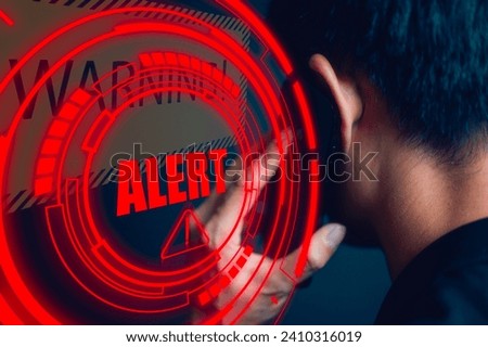 man holding mobile phone with alert warning icon showing to be careful with fraudulent Abort connection internet security