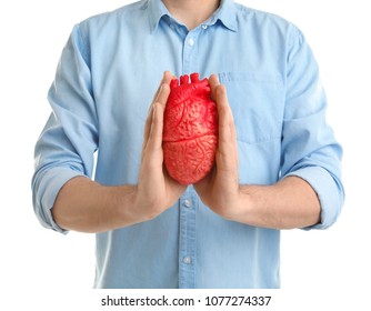 Man holding model of heart on white background. Heart attack concept - Shutterstock ID 1077274337