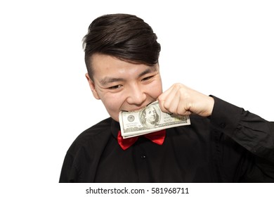 man holding money in his mouth