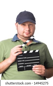 Man Holding A Movie Clapper Board In Hand