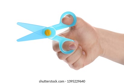 Man Holding Pair Of Kid Scissors Isolated On White, Closeup