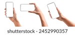 Man holding phone with blank screen on white background, closeup. Set of photos