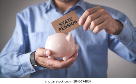 Man Holding Piggy Bank. State Pension