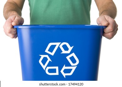 Man Holding  Recycling Bin