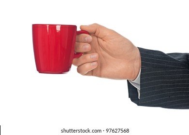 Man Holding Red Coffee Mug Isolated On White Background.