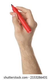 Man Holding Red Marker On White Background, Closeup