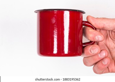 Man Holding Red Mug Isolated On White