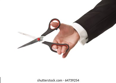 Man Holding Scissors On White Isolated Background