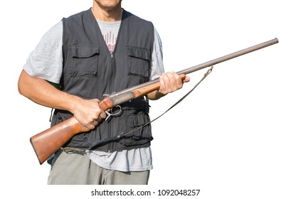 Man Holding A Shotgun On White Background