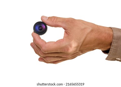 Man Holding Small Video Camera Isolated On White Studio Background