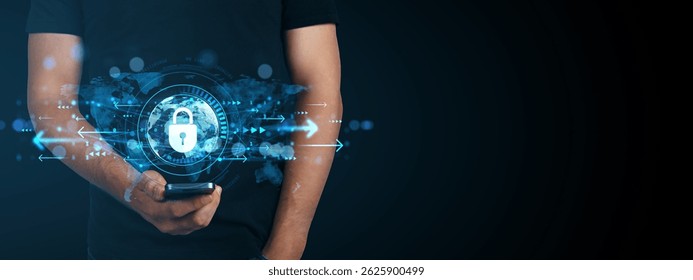 Man holding smartphone with glowing lock symbol and digital data overlay, futuristic light effects on dark background, concept of cybersecurity