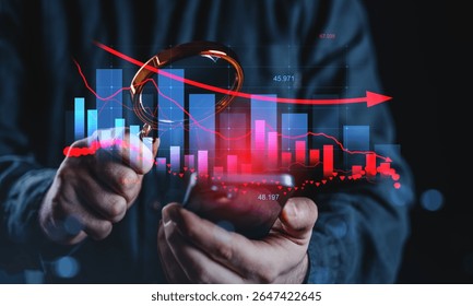 Man holding smartphone and magnifying glass over financial charts, digital graphic style, dark background, concept of market analysis and downturn
