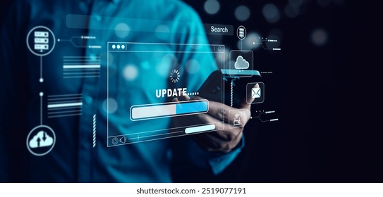 Man holding smartphone with Update Software Computer Program Upgrade Business Technology Internet, Update on virtual screen. Internet and technology concept, loading bar with installing the update.