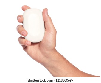 Man Holding Soap Bar On White Background