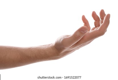 Man Holding Something Against White Background, Closeup Of Hand