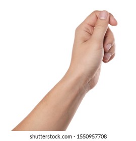 Man Holding Something On White Background, Closeup Of Hand