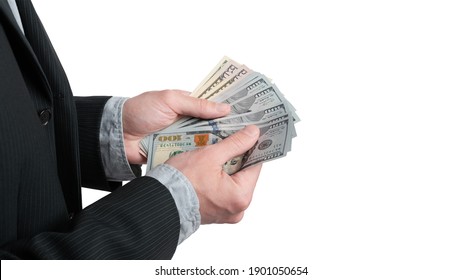 Man Holding Stack Of Cash Money And Count Them Closeup. Side View Isolated On White