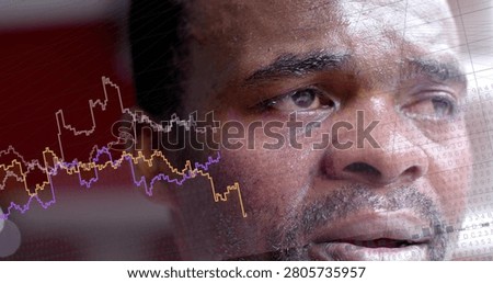 Man holding steady gaze while animated tech charts appearing by cheek, guiding analysis of trends. Closeup, contemplative, dataviz, overlay, gridlines, reflection, studio