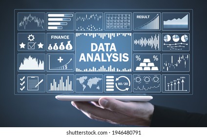 Man holding tablet computer. Data Analysis. Profit charts and stock market trends analysis. Business. Finance