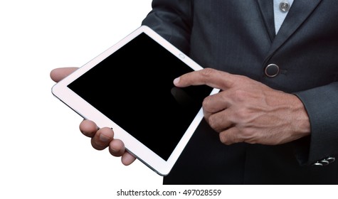 Man Holding A Tablet Computer Front View Isolated On White Background. IPad Pro Was Created And Developed By The Apple Inc.