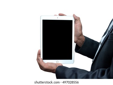 Man Holding A Tablet Computer Side View Isolated On White Background. IPad Pro Was Created And Developed By The Apple Inc.