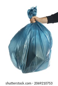 Man Holding Trash Bag Filled With Garbage On White Background, Closeup