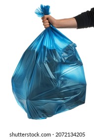 Man Holding Trash Bag Filled With Garbage On White Background, Closeup